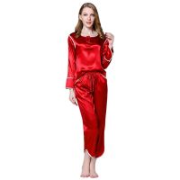 Womens Automn Silk Long-sleeved Trousers Pajamas Set Button Silk Home Wear Elastic Lace Waistband Sleepwear