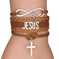 Multilayer Jesus Loves Letter Leather Bracelet Multilayer Wrap Cross Christian Leather Bracelets for Men Women Classic Jewelry Headbands