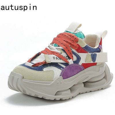Autuspin Handmade Genuine Leather Women Sneakers Spring Summer Outdoor Leisure Students Lace-Up Sports Shoes Office Lady Size 40