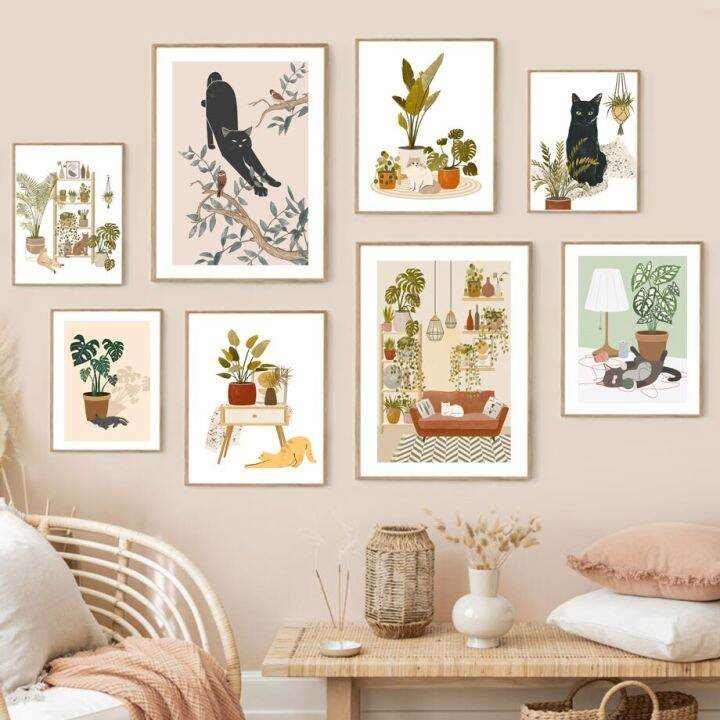 สไตล์นอร์ดิก-boho-cactus-moon-cat-canvas-art-ตกแต่งผนังในอุดมคติสำหรับห้องนั่งเล่นและสวน-โปสเตอร์ซักผ้าคุณภาพสูง