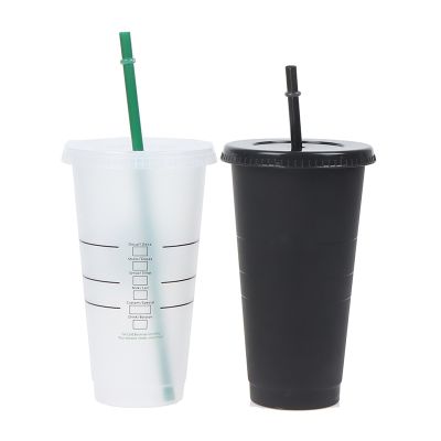 【High-end cups】 601-700มิลลิลิตรถ้วยฟางที่มีฝาปิดนำมาใช้ใหม่ถ้วยกาแฟแก้วน้ำพลาสติกสีดำสีขาวคู่ถ้วย