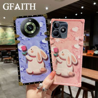 GFAITH Realme เคสโทรศัพท์ใหม่11 Pro + / 11 Pro / C53 / 10 Pro + 5G 4G / C55 / 10T 5G กระจกกันกระแทกแข็งขอบเรียบกุหลาบกระต่ายสี่เหลี่ยมเคสโทรศัพท์ Realme11 Realme11Pro โปร +