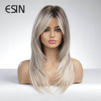 วิกผมสังเคราะห์ ESIN สีบลอนด์เข้มปานกลางถึงสีขาวสำหรับผู้หญิงผมชั้นไล่เฉดสีพร้อม Dark Rootshot