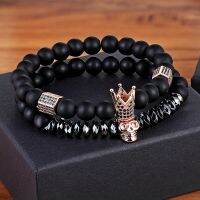 TYO 2PcsSet Women Mens CZ Royal Crown Skull Charms 8MM Black Matte Bead Strand celets for Couple Valentines Day Gifts