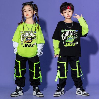 [COD] Childrens autumn hip-hop fluorescent green catwalk costumes girls dance trendy clothes hiphop boy suits