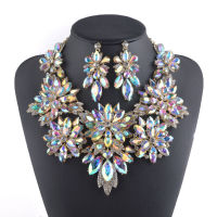 Golden Luxury Aurora Crystal AB Jewelry sets Flower Design Necklace Sets Bridal wedding Jewellery Women Party Necklace Earrings