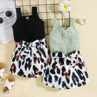 0-5-year-old girls knitted suspender V-neck coat leopard Shorts Set New summer fashion girls outdoor leisure belt set