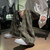 Spring autumn corduroy plaid pants boys loose high street oversize straight wide-leg casual mopping trousers vintage punk bottom