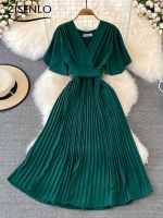 Formal Women 39;s Dress V-neck Pleated Dress Elegant Temperament Waist Lace-up Hem Long Skirt Office Lady Evening Dresses Vestidos