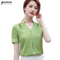 Elegant Chiffon Short Sleeve Women New Temperament Fashion V Neck Yellow Ice Silk Blouses Office Ladies Casual Work Tops