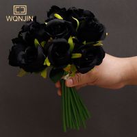 【DT】 hot  12 Heads Black Artificial Flowers Rose Floral Bouquet Simulation Silk Fake Flowers Home Wedding Party Table Decor Flowers