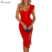 Ocstrade Party Dress for Women 2021 Summer Bandage Dress Red Elegant Ruffles Sexy One Shoulder Black Bodycon Dress Club Outfts