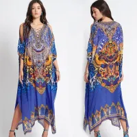 --D0512 Europe and the United States polyester blue printing beach blouse sexy bikini smock; deep v-neck vacation is prevented bask in unlined upper garmen