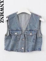 ZZOOI XNWMNZ woman fashion new american retro denim vest jacket women summer vintage sleeveless v-neck crop jackets top