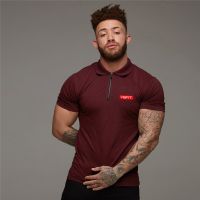 Men Fashion Street Hip Hop Polo Shirt Summer Breathable Absorb Sweat Slim Fit Fitness Gym Cool Feeling Cotton Zip Collar T-Shirt