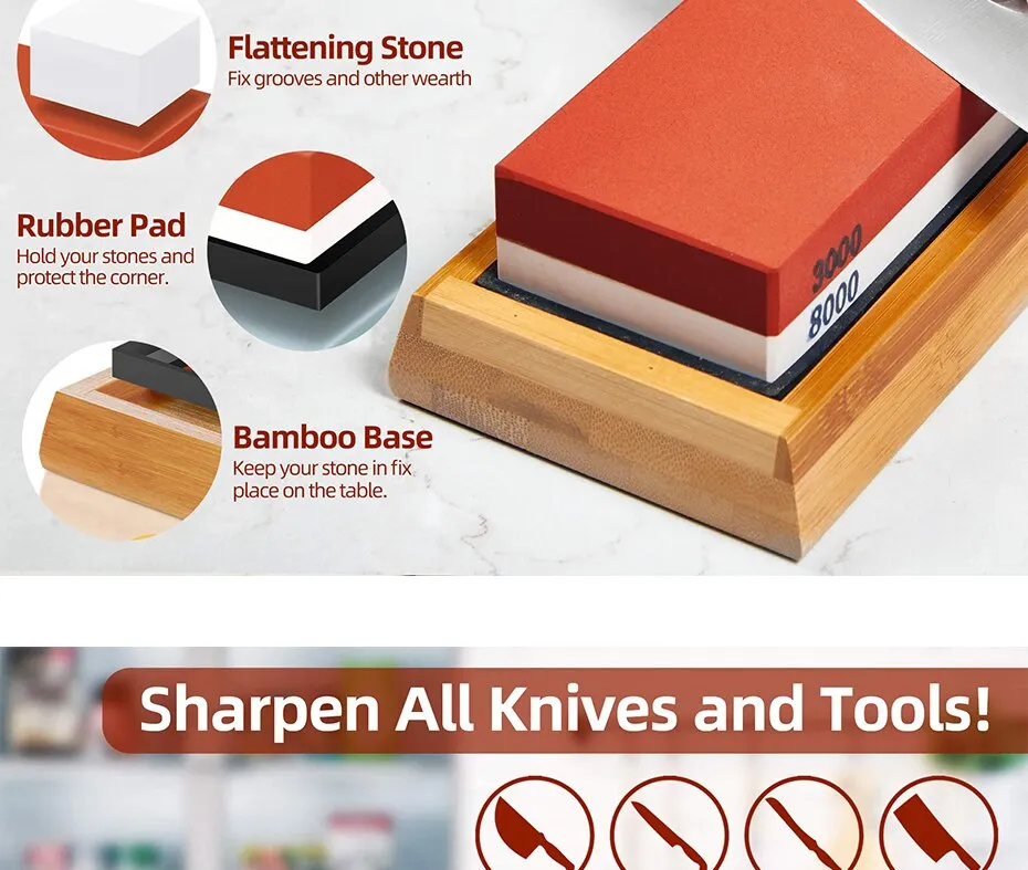 Knife Sharpening Stone Set, MOJINO Professional Sharpener Stone Kit 400/1000 3000/8000, Whetstone Kit with Non-Slip Bamboo Base, Flatting Stone, Angle