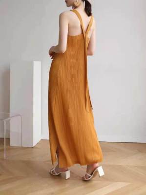 Miyake Pleated Strappy Dress Temperament Halter Cross Strap Skirt Design Loose Long Sleeveless 7126