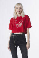 ESP เสื้อทีเชิ้ตทรงครอปลายเฟรนช์ชี่แต่งคริสตัล ผู้หญิง สีแดง | Crystal Decorated Frenchie Crop Tee Shirt | 06085