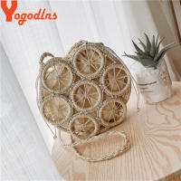 Yogodlns Handmade Summer Beach Women Straw Shoulder Bag Ladies Round Hollow Travel Daily Woven Handbag Holiday Knit Cotton Linen