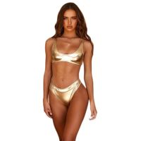 hotx 【cw】 New Gilded Fabric Swimsuit Reflective Gold/Silver One-Piece/Two-Piece Layer Thick Material 2023