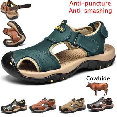 รองเท้าแตะนิรภัยสำหรับผู้ชายรองเท้าแตะกลางแจ้งรองเท้าแตะเดินป่าทะเลทราย Cowhide รองเท้าแตะกลางแจ้ง Croc Men Anti-Collision Safety Shoes