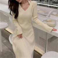 Spot parcel post Halter Slim Fit Knitted Dress 2023 Autumn and Winter New Style Sweater Dress Match with Coat Inner Wear Split Long Base Skirt