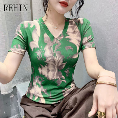 REHIN เสื้อคอวีผู้หญิง,เสื้อยืดแขนสั้นคอวีพิมพ์ลายดอกไม้ตาข่ายแฟชั่นสไตล์เกาหลีแบบใหม่ฤดูร้อน