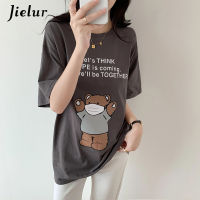 Jielur Cute Bear Cartoon Print T shirt O-neck Korean Womens T-shirts Letter Loose Short-sleeved T-shirt Femme Black White