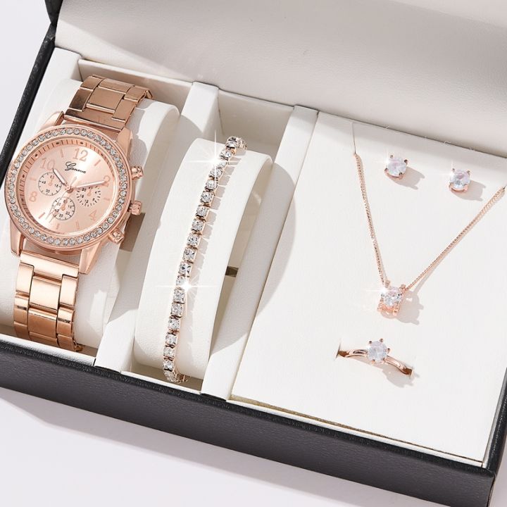 Cheap Luxury Diamond Jewelry&Watch Set For Women, Glittering Quartz Watch  Bracelet Set, Crystal Necklace Earrings Ring Jewelry Festival Gifts | Joom