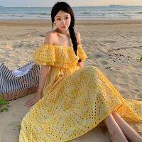 French embroidery hollow out a word shoulder strapless dress with female xishuangbanna tourism vacation long skirt in summer