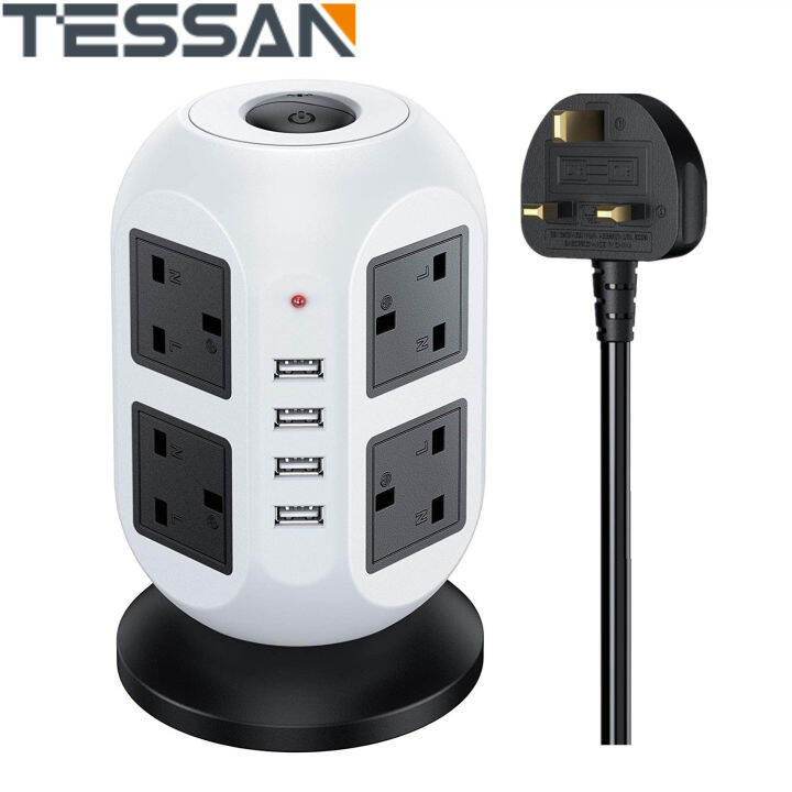 TessanVertical Tower 3M Extension Cord Power Strips with 4 USB (2.1A) and 8 Outlet , 8 Way Power