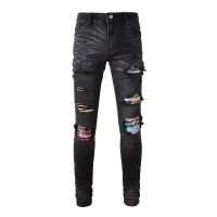 ใหม่มาถึงผู้ชาย Distressed สีดำ Streetwea สูงยืด Skinny Tie Dye Bandana Patchwork ทำลาย Whisker Slim Jean กางเกงผู้ชาย