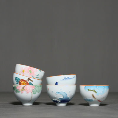 มือวาดศิลาดลดอกไม้กังฟูชุดน้ำชาถ้วยชาเซรามิกครัวเรือนถ้วยชา underglaze กล่องของขวัญ