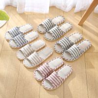 Japan Korean Striped Four Seasons Indoor Household Wear-Resistant Linen Slippers Men Women Couples Sweat-Absorbent Soft-Soled Home Wooden Floor Sandals Flat Open Toe Sli