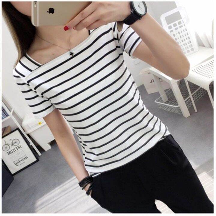 may-shopรุ่น-319-สไตล์เกาหลีรุ่นใหม่หลวมและบางแนวโน้มขนาดใหญ่เสื้อยืดแขนสั้นผู้หญิงลายทางในฤดูร้อน-bottoming-พร้อมส่ง