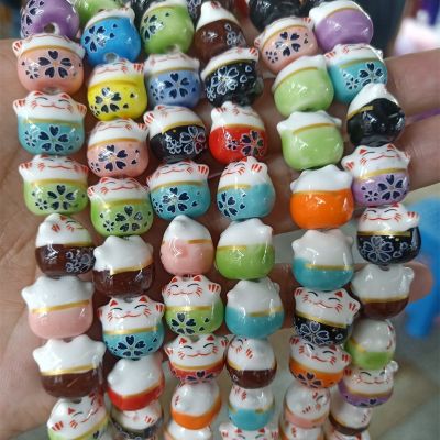 50pcs Mix Color Hand Painted Lucky Cat Ceramic Beads 13X14MM Loose Fortune Cat Ceramics Spacer Bead For Jewelry Making DIY