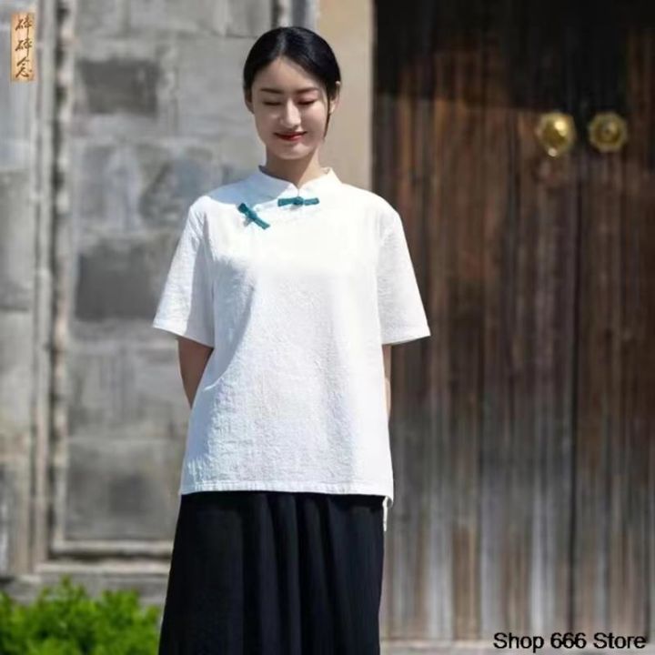 2023ชุดจีน-เสื้อผ้าผ้าลินินผ้าฝ้ายสำหรับผู้หญิง2023เสื้อยืดสตรีจีนเสื้อ-hanfu-หลวม