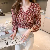 AMMIN 2021 autumn Korean style new fashion floral print elegant sweet chiffon shirt women