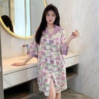 Web celebrity light purple tulip summer ice silk nightgown female luxury to long connected take