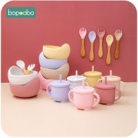 Silicone Baby Feeding Bowl 4pc/1set Tableware Waterproof Baby Learning Suction Bowl Set Wood Fork Spoon Non-Slip For Child Learn Bowl Fork Spoon Sets