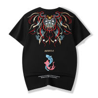 Ins Fashion Brand Chinese Style Koi Embroidered Cotton Short-Sleeved T-Shirt Mens Loose Trendy Plus Size Mens Top