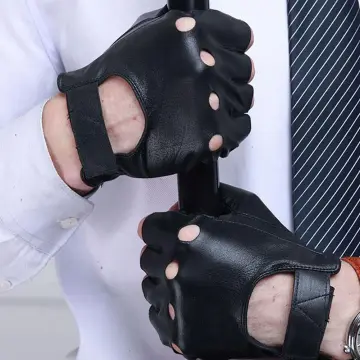 Faux Leather Gloves Black Punk Fingerless Gloves For Men Half Finger Biker  Drive