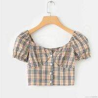 Womens Korean top r V-neck blouse bubble short sleeve crop tops plaid shirt off-shoulder puff sleeve tops