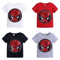 Hot Sale childrens summer New 2023 sequins turn-over color changing face cartoon cotton T-shirt boys and girls trendy style bottoming shirt 8cc