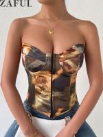 ZAFUL Womens Hook Front Renaissance Print Lace Up Bandeau Corset Bandage Top