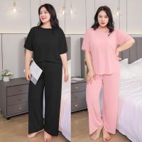 【JH】Summer Large Size Short-sleeved Trousers Suit Womens Loose Home Clothes Plus Fat Plus Ice Silk Casual Pajamas