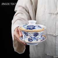 Chinese Style White Porcelain Gaiwan Home Ceramic Tea Set with Saucer Hand-painted Tea Bowl Tureens Teaware Supplies Tea Maker