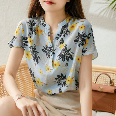 Floral Chiffon Shirt Womens 2022 Summer New Fashion All-match Trend Korean Version Loose V-neck Short-sleeved Top