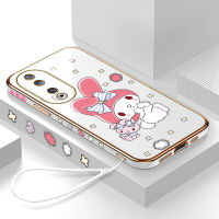 Volans เคสสำหรับ Honor 90 5G 90 Lite 5G ฟรีสายคล้องน่ารักตัวการ์ตูน Meloy ลวดลายขอบสี่เหลี่ยมเคสโทรศัพท์ชุบหรูหราเคสโทรศัพท์นิ่ม