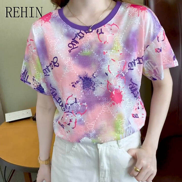 rehin-เสื้อยืดแขนสั้นพิมพ์ลายคอกลมสำหรับผู้หญิง-เสื้อยืดทรงหลวมดีไซน์หรูหราแฟชั่นสไตล์เกาหลีแบบใหม่ฤดูร้อน